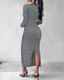 V Neck Long Sleeve Rhinestone Decor Ribbed Bodycon Dress