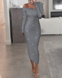 V Neck Long Sleeve Rhinestone Decor Ribbed Bodycon Dress