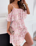 Glitter Lurex Floral Print Cold Shoulder Spaghetti Strap Ruffles Layered Dress Sweet Dress