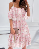 Glitter Lurex Floral Print Cold Shoulder Spaghetti Strap Ruffles Layered Dress Sweet Dress