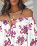 Floral Print Off Shoulder Eyelet Embroidery Blouse Three Quarter Sleeve Tied Detail Top