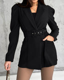 Notched Collar Puff Sleeve 2 in 1 Blazer Romper With Detachable Belt