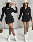 Notched Collar Puff Sleeve 2 in 1 Blazer Romper With Detachable Belt