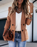 Plain Long Sleeve Double Breasted Chocolate Blazer Coat