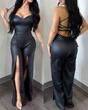 Tied Detail Backless Slit PU Leather Jumpsuit