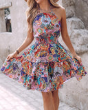 Paisley Print Halter Backless Ruffles Dress