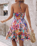 Paisley Print Halter Backless Ruffles Dress