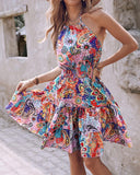 Paisley Print Halter Backless Ruffles Dress