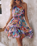 Paisley Print Halter Backless Ruffles Dress