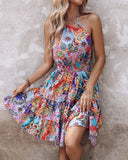 Paisley Print Halter Backless Ruffles Dress