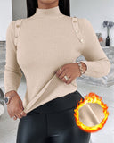 High Neck Knit Sweater Fleece Lined Front Button Basic Layering Soft Thermal Top