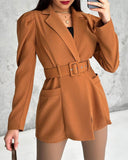 Notched Collar Puff Sleeve 2 in 1 Blazer Romper With Detachable Belt