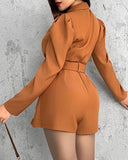 Notched Collar Puff Sleeve 2 in 1 Blazer Romper With Detachable Belt