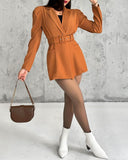 Notched Collar Puff Sleeve 2 in 1 Blazer Romper With Detachable Belt