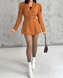 Notched Collar Puff Sleeve 2 in 1 Blazer Romper With Detachable Belt