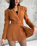 Notched Collar Puff Sleeve 2 in 1 Blazer Romper With Detachable Belt