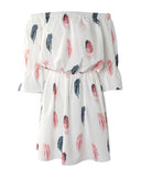 Feather Print Off Shoulder Bell Sleeve Casual Dress