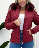 Zipper Pocket Design Shirred Fuzzy Trim Lined Hooded Puffer Jacket