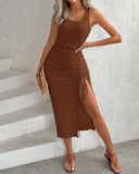 Ribbed Sleeveless Drawstring Ruched High Slit Dress