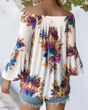 Floral Print Shirred Round Neck Top