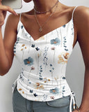 Floral Plants Print Drawstring Cowl Neck Cami Top