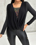 Contrast Sequin Cowl Neck Ruched Long Sleeve Top