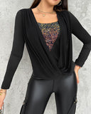 Contrast Sequin Cowl Neck Ruched Long Sleeve Top