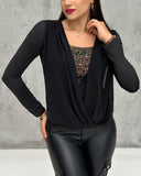 Contrast Sequin Cowl Neck Ruched Long Sleeve Top