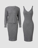 2PCS/Set Cable Knit Long Sleeve Sweater Top & Slip Midi Dress