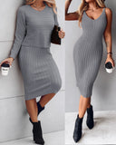 2PCS/Set Cable Knit Long Sleeve Sweater Top & Slip Midi Dress