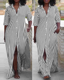 Striped Buttoned Slit Shirt Dress