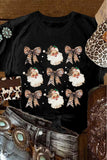 Black Santa Claus Leopard Bow Print Crew Neck Casual T Shirt