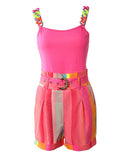 Chain Strap Tank Top & Colorblock Shorts Set With Belt