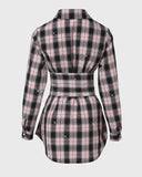 Plaid Print Lace up Front Shining Rhinestone Deco Top Shirt Dress