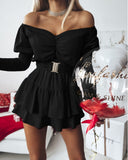 Off Shoulder Shirred Gigot Sleeve Mini Dress