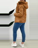 Zipper Pocket Design Shirred Fuzzy Trim Lined Hooded Puffer Jacket