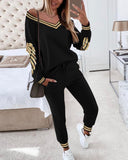 2PCS Striped Sequin Wings Pattern Skew Neck Top & Cuffed Pants Set