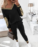 2PCS Striped Sequin Wings Pattern Skew Neck Top & Cuffed Pants Set