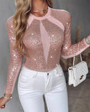 Sheer Mesh Patch Sequin Bodysuit