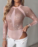 Sheer Mesh Patch Sequin Bodysuit