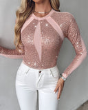 Sheer Mesh Patch Sequin Bodysuit