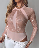 Sheer Mesh Patch Sequin Bodysuit