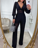 Sparkly Glitter Dressy Jumpsuit Plunge Long Sleeve Sheer Mesh Patch Clubwear Straight Leg Long Pants Rompers