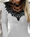 Long Sleeve Lace Patch Pocket Design Ribbed Mini Dress