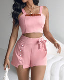 Buckled Cami Top & Pearls Studded Bowknot Design Shorts Set