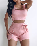 Buckled Cami Top & Pearls Studded Bowknot Design Shorts Set