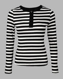 Striped Buttoned Round Neck Ribbed Top