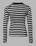 Striped Buttoned Round Neck Ribbed Top