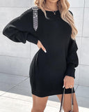 Rhinestone Buckled Batwing Sleeve Casual Knit Long Sleeve Dress