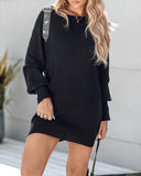 Rhinestone Buckled Batwing Sleeve Casual Knit Long Sleeve Dress